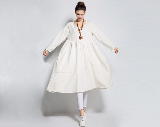 Anysize long sleeves soft linen cotton dress spring fall dress plus size dress plus size tops plus size clothing  Y226N