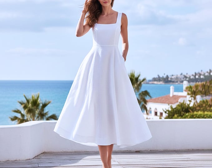 Anysize Custom 100% Linen Midi Dress Square Neck A Line Dress with Pockets Elegant Summer Wedding Guest Dress Plus Size Dress F49UL