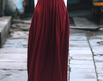 Anysize custom soft linen cotton maxi skirt with elastic waist side pockets spring fall plus size skirt plus size clothing F796E
