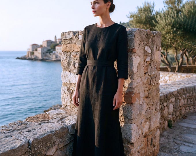 Anysize Custom 100% Linen Dress 3/4 Sleeves With Belt Side Pockets Loose Spring Summer Full Plus Size Dress Plus Size Clothing F26UL