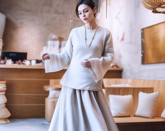 Anysize custom 100% linen flare sleeves blouse plus size T-shirt plus size tops spring summer plus size clothing F24JL