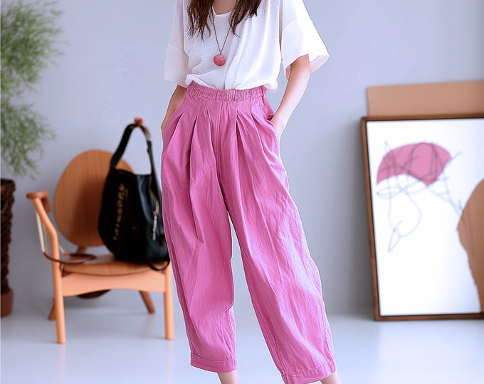 Anysize custom 100% linen pleated elastic waist trousers with pockets casual loose spring summer plus size pants plus size clothing F396L