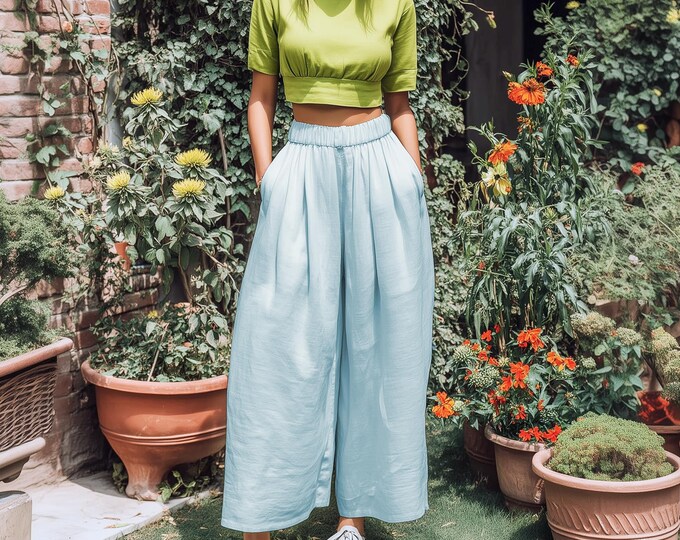 Anysize custom 100% linen elastic waist trousers with pockets casual loose spring summer plus size pants plus size clothing F20RL
