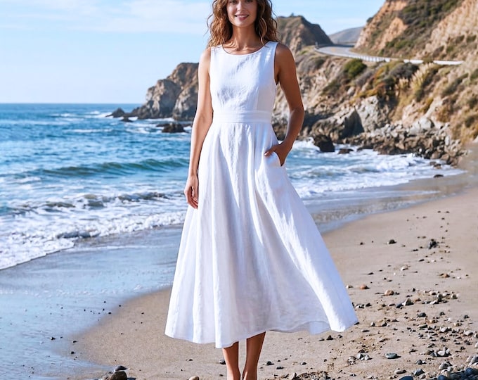 Anysize Custom 100% White Linen Dress Women Sleeveless A Line Summer Beach Vacation Dress with Pockets Plus Size Dress F8VL