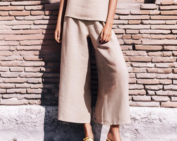 Anysize custom 100% linen cropped pants elastic waist with side pockets casual loose spring summer plus size pants plus size clothing F5YL