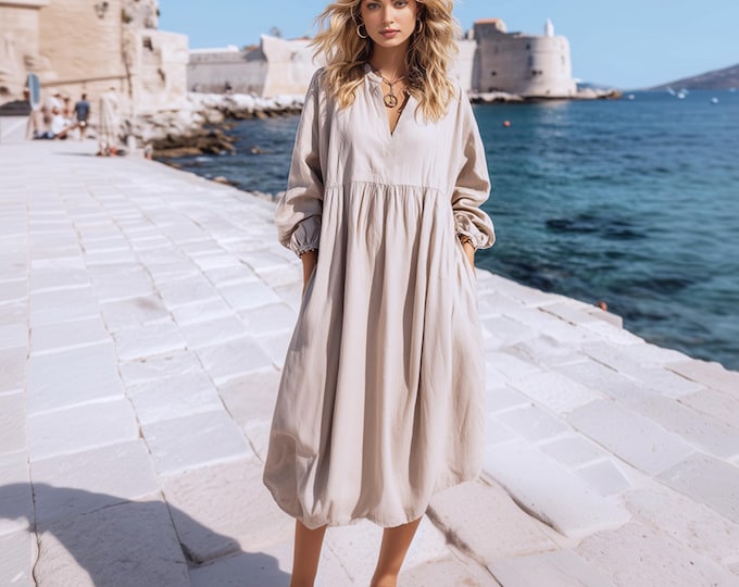 Anysize custom V-neck long sleeves linen cotton dress with side pockets spring fall retro loose pluse size dress plus size clothing F8SN