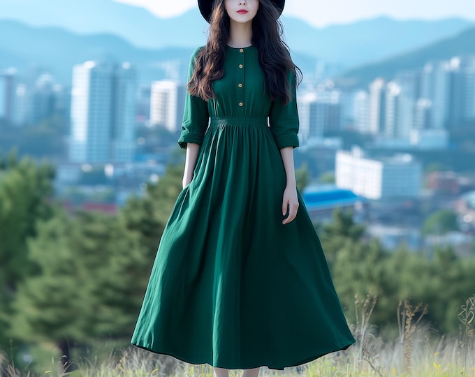 Anysize custom soft linen cotton plus size dress with functional buttons elastic waist side pockets spring fall plus size clothing F713E