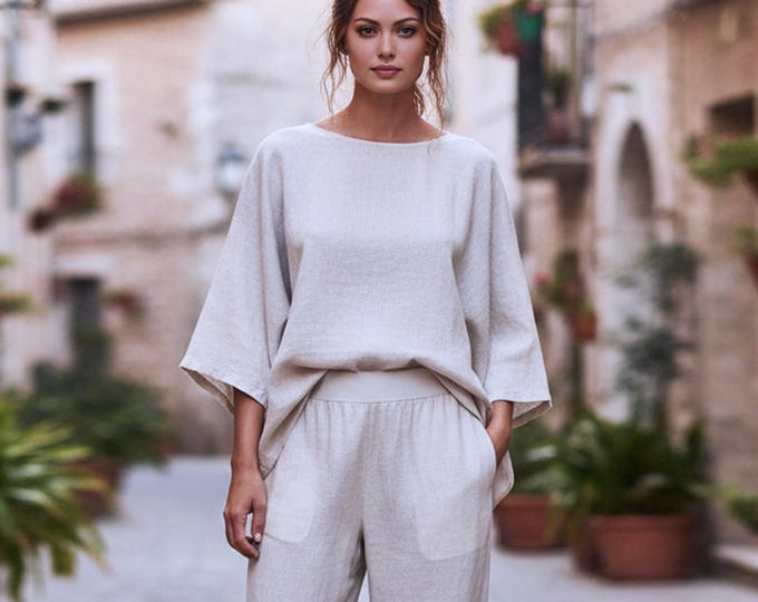 Anysize Custom 100% Linen Kimono Top Boat Neck Relaxed Blouse Loose Summer Shirt Elbow Length Sleeve Plus Size Tops Plus Size Clothing F69UL