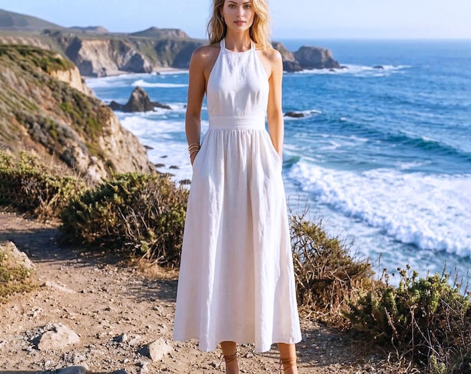 Anysize Custom 100% Linen Halter Neck Dress Sleeveless Summer Beach Vacation Dress With Side Pockets Plus Size Dress F3VL