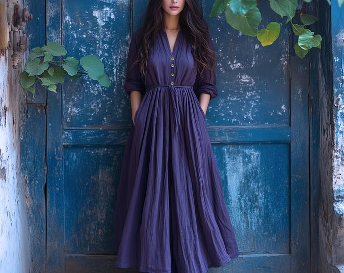 Anysize custom soft linen cotton long sleeves v neck dress plus size dress with functional buttons side pockets spring fall F636E