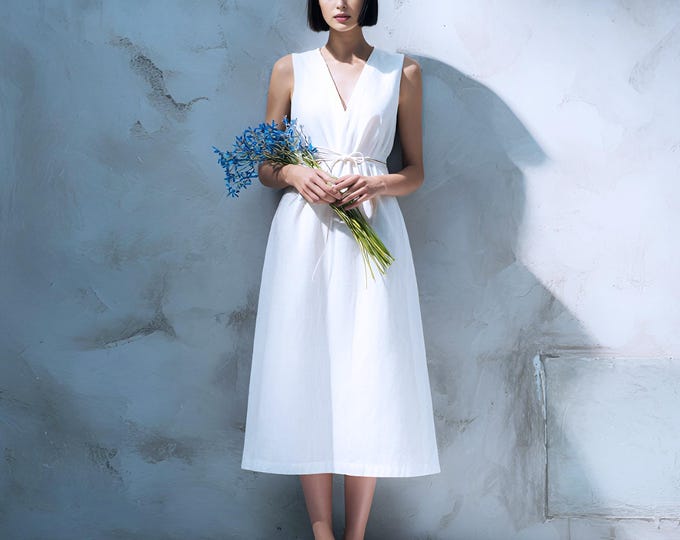 Anysize custom 100% linen sleeveless V neck long dress with side pockets spring summer plus size dress plus size clothing F16RL
