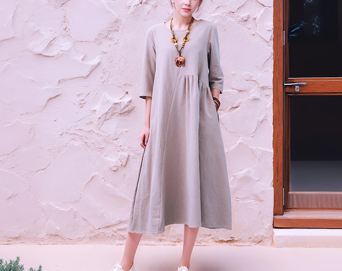 Anysize soft linen cotton dress with side pockets vogue spring summer fall 3/4 sleeves dress plus size dress plus size clothing F230Q