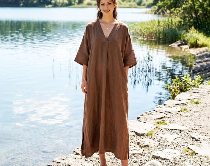 Anysize Custom 100% Linen Kaftan Dress With Sides Slit Loose V Neck 3/4 Sleeves Minimal Dress Summer Vacation Dress With Pockets F81WL