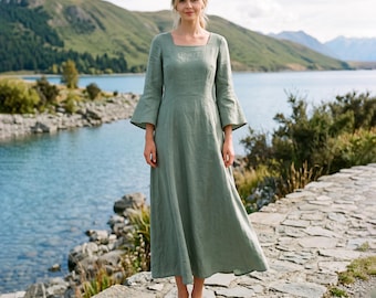 Anysize Custom Linen Lyocell Square Neck Maxi Dress Bell Sleeve A Line Plus Size Dress Spring Fall  Women’s Long Dress With Pockets F30FE