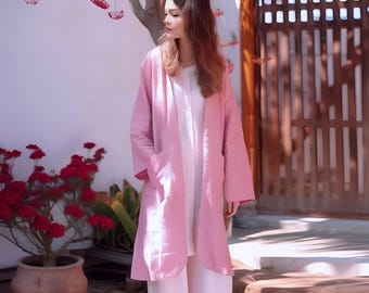 Anysize custom soft linen cotton tunic long sleeves cardigan with patch pockets spring fall coat plus size cardigan plus size clothing F552E