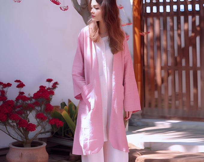 Anysize custom soft linen cotton tunic long sleeves cardigan with patch pockets spring fall coat plus size cardigan plus size clothing F552E