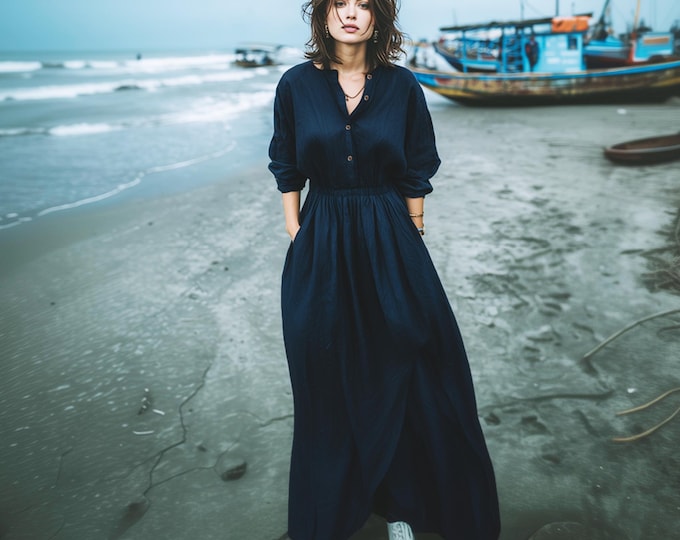 Anysize custom maxi dress with pockets cotton linen spring fall winter long sleeves plus size dress plus size clothing F74PN