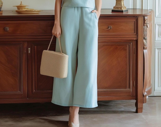 Anysize custom 100% linen pants elastic waist with side pockets casual loose spring summer plus size pants plus size clothing F41YL