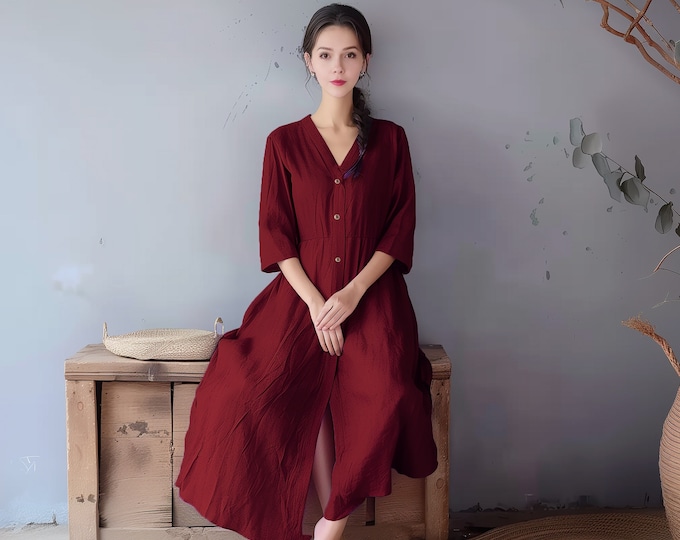 Anysize custom 3/4 sleeves soft linen cotton buttoned dress with side pockets plus size dress spring fall plus size clothing F579E