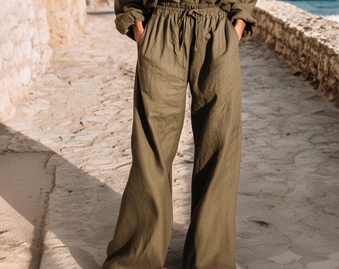 Anysize custom maxi pants with elastic waistband loose wide leg linen cototn plus size trousers spring fall winter plus size clothing F26SN