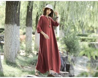 Anysize 3/4 sleeves robe with ropes design casual loose linen cotton spring summer maxi dress plus size dress plus size clothing T239A