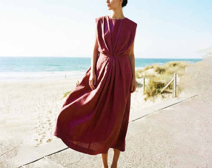 Anysize Custom 100% Sleeveless Linen Dress Draped Bodice Dress Elegant Women’s Summer Dress Plus Size Dress Plus Size Clothing F19UL