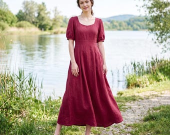 Anysize Custom 100% Linen Maxi Dress Square Neck Fitted Waist With Puff Sleeve Linen Dress A-Line Summer Dress with Pockets F24WL