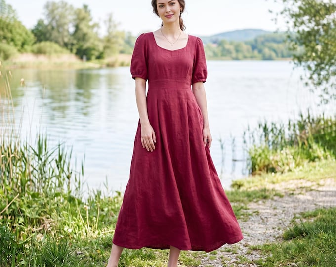 Anysize Custom 100% Linen Maxi Dress Square Neck Fitted Waist With Puff Sleeve Linen Dress A-Line Summer Dress with Pockets F24WL