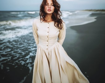 Anysize Custom Soft Linen Cotton Long sleeves Plus Size Maxi Dress With Functional Buttons Round Neck Side Pockets Plus Size Clothing F67PE