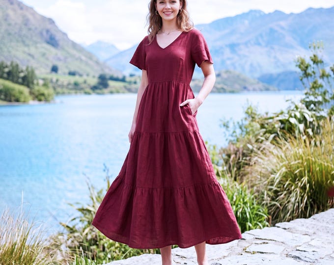 Anysize Custom 100% Linen Maxi Dress Tiered Linen Dress V Neck Summer Dress Loose Fit Cottagecore Dress with Pockets F40WL