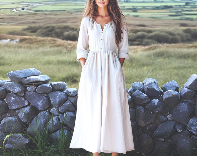 Anysize custom 100% linen long sleeves maxi dress with side pockets back tie retro loose spring summer fall plus size dress F3CL