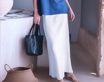 Anysize custom 100% linen maxi skirt elastic waist with pockets  back split spring summer fall plus size skirt plus size clothing F94RL