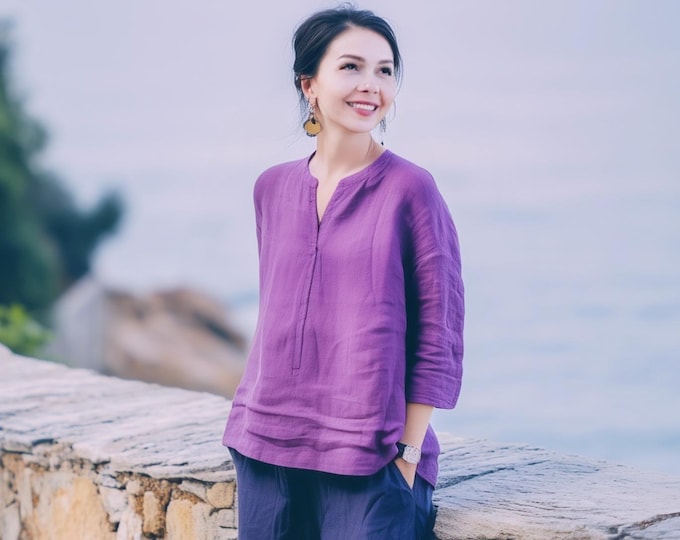 Anysize custom 3/4 sleeves 100% linen blouses classic casual loose summer shirt v neck t-shirts plus size tops plus size clothing F40JL