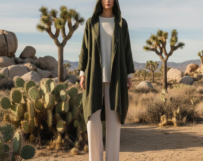 Anysize Custom Hooded Cardigan Soft Linen Cotton Tunic with Pockets Spring Fall Coat Plus Size Cardigan Plus Size Clothing F85SE