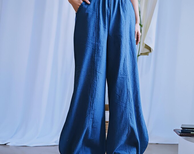 Anysize custom 100% linen elastic waist pants casual trousers oversized wide leg pants customized plus size pants plus size clothing F10RL
