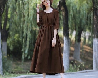 Anysize custom neoclassical maxi dress 100% linen with 3/4 sleeves side pockets pleated retro loose spring summer plus size dress F362L