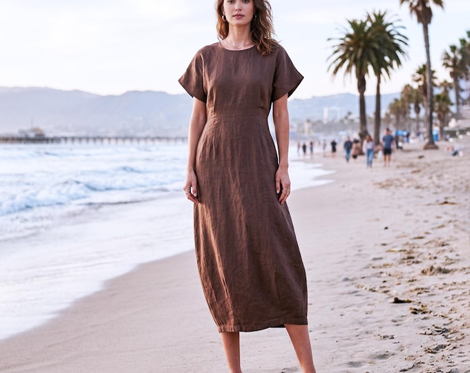 Anysize Custom 100% Linen Crew Neck Dress Short Sleeve Dress Back Slit Dress A Line Summer Casual Dress with Pockets F51VL