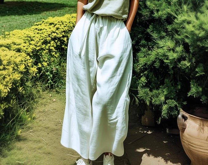 Anysize custom wide leg 100% linen pants with side pockets elastic waist spring summer plus size pants plus size clothing F9JL