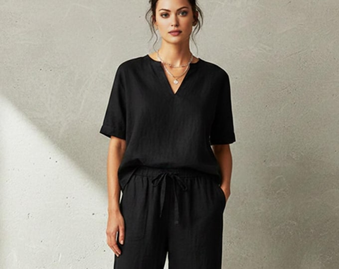 Anysize Custom 100% Linen V Neck Top Minimal Short Sleeve Blouse Relaxed Summer Shirt Plus Size Tops Plus Size Clothing F65UL