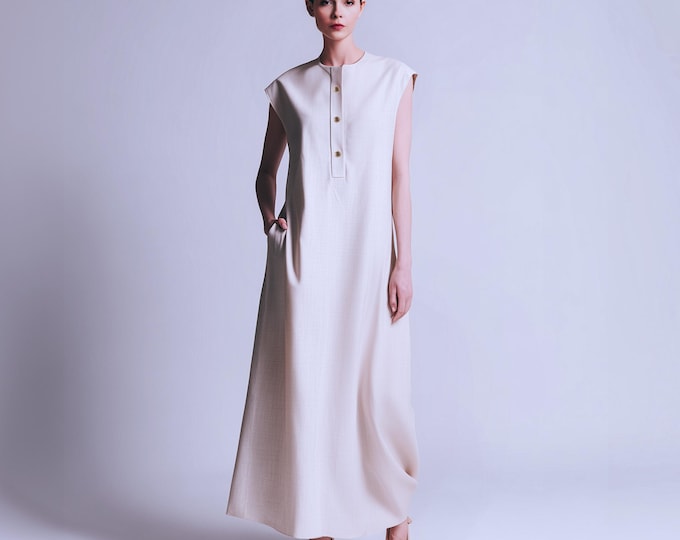 Anysize custom buttoned 100% linen cap sleeves summer maxi dress with side pockets back long slit plus size dress plus size clothing F66RL