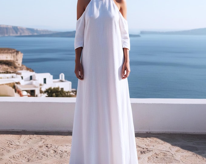 Anysize Custom 100% Linen Halter Maxi Dress Cold Shoulder 3/4 Sleeve Summer Resort Dress Plus Size Dress Plus Size Clothing F32UL