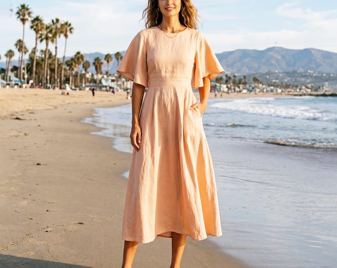Anysize Custom 100% Linen Flutter Sleeve Dress A Line Loose Fit Summer Beach Dress with Pockets Side Zipper Dress Plus Size Dress F42VL