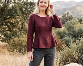Anysize Custom Linen Cotton Peplum Top Long Sleeve Fitted Blouse Round Neck Shirt Plus Size Women Tops  Spring Fall Tops F19HN