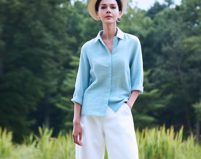 Anysize custom 100% linen long sleeves blouse buttoned plus size shirt plus size tops spring summer plus size clothing F22JL