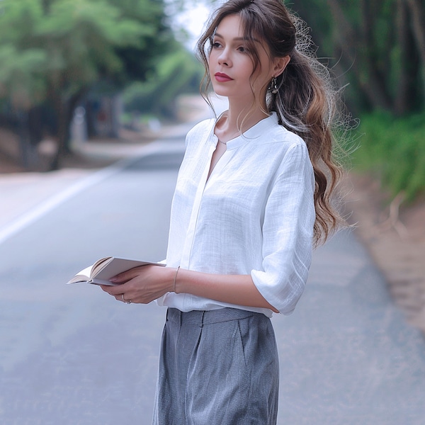 Blusas de lino 100% con mangas tres cuartos, estilo clásico informal de verano, cuello en V, tallas grandes, tops, ropa de tallas grandes F473L
