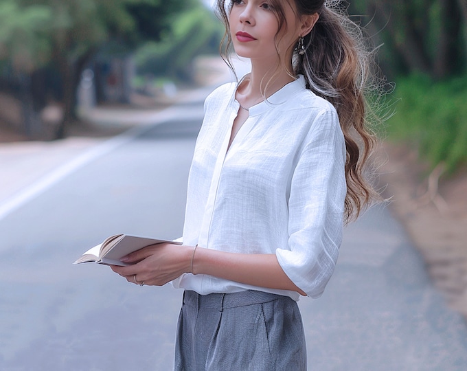 Anysize custom 3/4 sleeves 100% linen blouses classic casual loose summer shirt v neck t-shirts plus size tops plus size clothing F473L