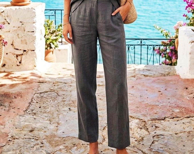 Anysize Custom 100% Linen High Waist Trousers for Women Straight Leg Linen Pants Tailored Summer Pants Plus Size Pants F90UL