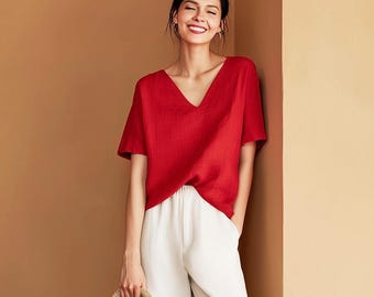 Anysize custom 100% linen shirt v neck short sleeves loose tops linen t-shirts summer plus size tops plus size clothing F71YL