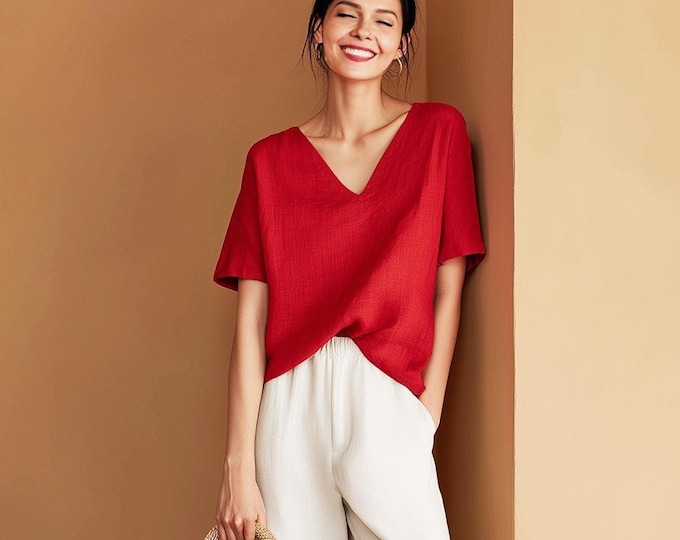 Anysize custom 100% linen shirt v neck short sleeves loose tops linen t-shirts summer plus size tops plus size clothing F71YL