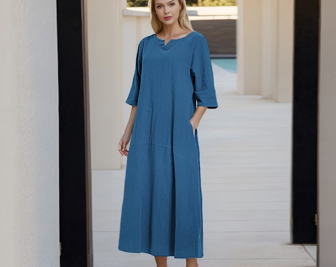 Anysize V neck with side pockets soft linen cotton loose dress spring summer dress  maxi dress plus size dress plus size clothing F152Q